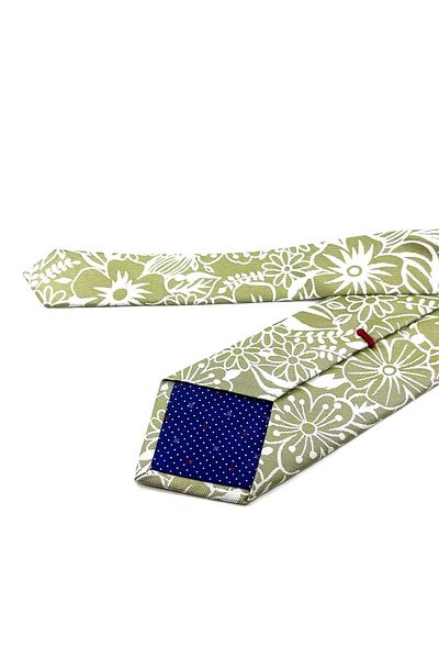Kravatkolik Roland Style Green Flower Pattern Italian Silk Tie İK1485