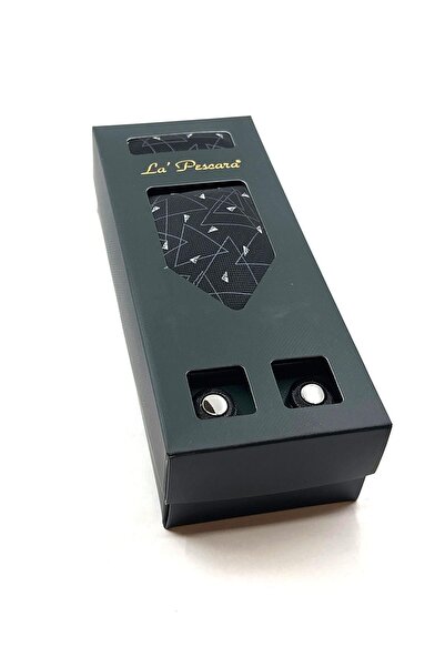 La Pescara Черна кърпичка за вратовръзка Черно-сив комплект маншети OS522