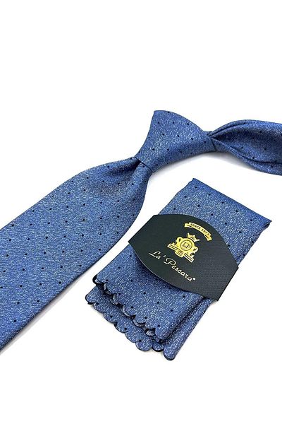 Kravatkolik Blue Polka Dot Pattern Classic Necktie with Handkerchief KK12322