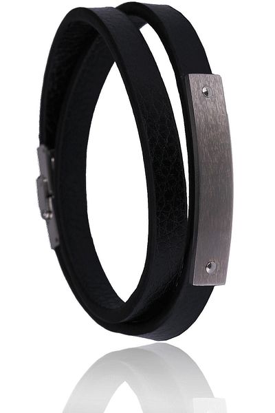Kravatkolik Black - Silver Color Leather Steel Men's Bracelet Blk1552