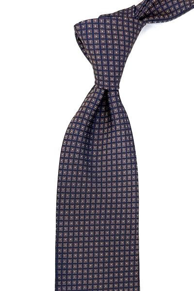 Kravatkolik Beige - Navy Blue Small Pattern Classic Necktie with Handkerchief KK12382