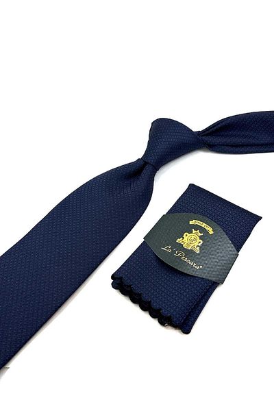 Kravatkolik Navy Blue Dot Pattern Classic Tie with Handkerchief KK12504