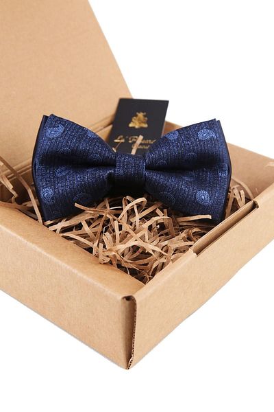 Kravatkolik Men's Navy Blue Shawl Pattern Bow Tie P1422