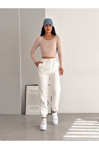 NO 601 Λευκό ψηλόμεσο φλις Jogger Sweatpants - 3 κλωστές