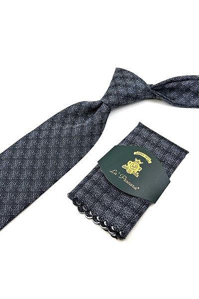 Kravatkolik Gray - Black Square Pattern Classic Tie with Handkerchief KK12489