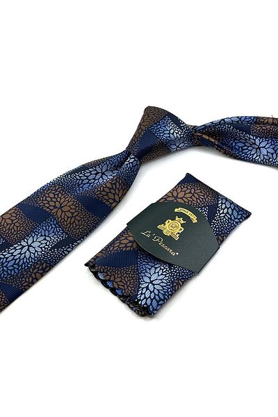 Kravatkolik Navy Blue - Brown Motif Pattern Classic Necktie with Handkerchief KK12053