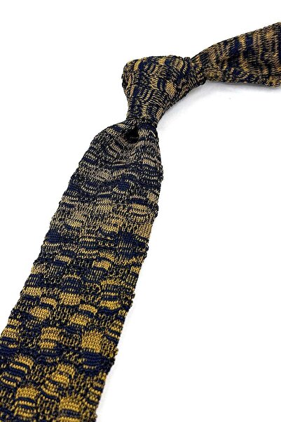 La Pescara Yellow - Navy Blue Motif Pattern Knitted Tie ORR8361