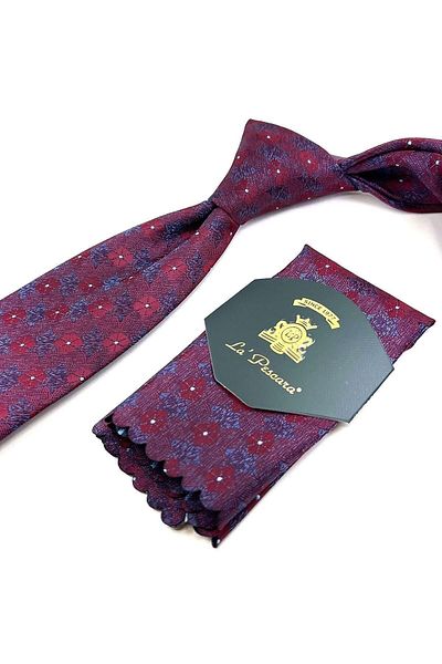 Kravatkolik Claret Red - Blue Motif Pattern Classic Tie with Handkerchief Kk11186