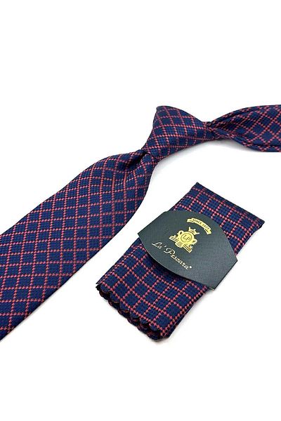 Kravatkolik Navy Blue Square Pattern Classic Tie with Handkerchief KK12304