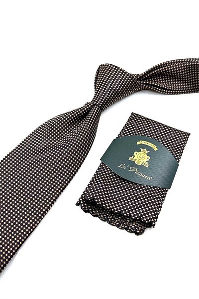 Kravatkolik Beige Patterned Classic Tie with Handkerchief - KK12562