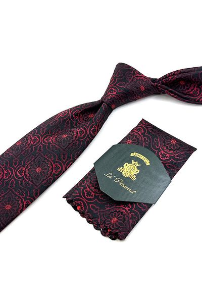Kravatkolik Black - Red Motif Pattern Classic Tie with Handkerchief KK11979