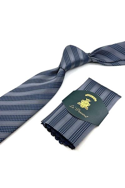Kravatkolik Classic Necktie with Gray Line Pattern Handkerchief KK12312