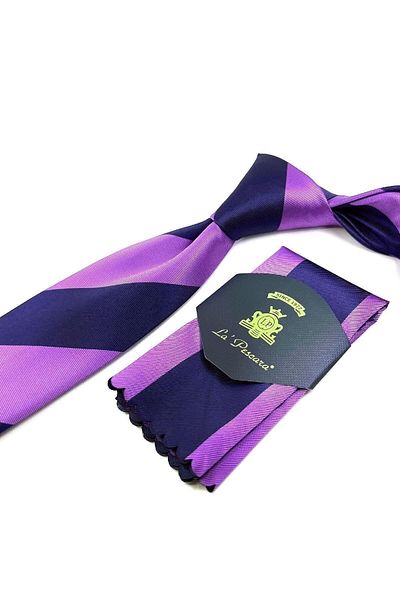 Kravatkolik Lilac - Navy Blue Line Pattern Classic Necktie with Handkerchief Kk11232