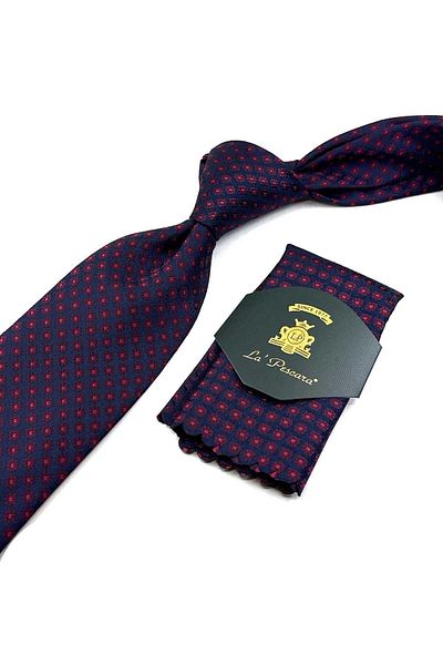 Kravatkolik Classic Tie with Red Motif Pattern and Navy Blue Handkerchief - KK12690