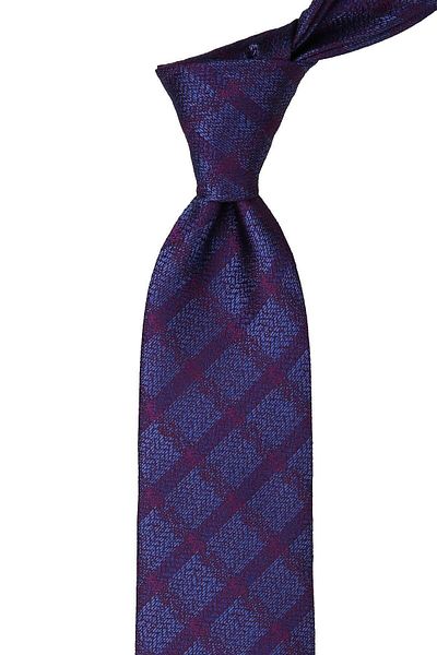 Kravatkolik Men's Plum Blue Plaid Pattern Classic Necktie with Handkerchief Kk10223