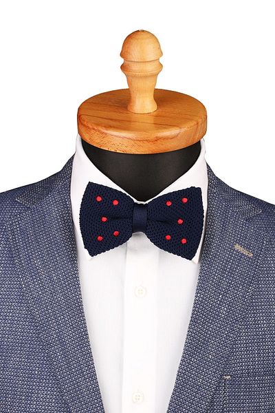 Kravatkolik Men's Navy Blue Polka Dot Pattern Knitted Bow Tie KIR132
