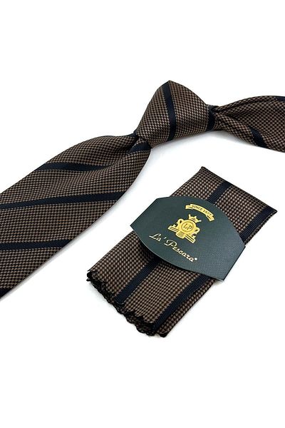 Kravatkolik Brown - Black Line Pattern Classic Necktie with Handkerchief KK12041