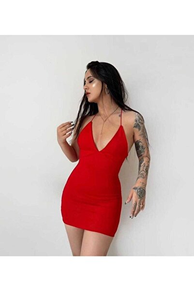 sozan Kadın Kırmızı Ip Askılı Sırt Dekolteli Mini Elbise