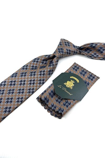 Kravatkolik Classic Necktie with Gray Motif Pattern Handkerchief KK12027