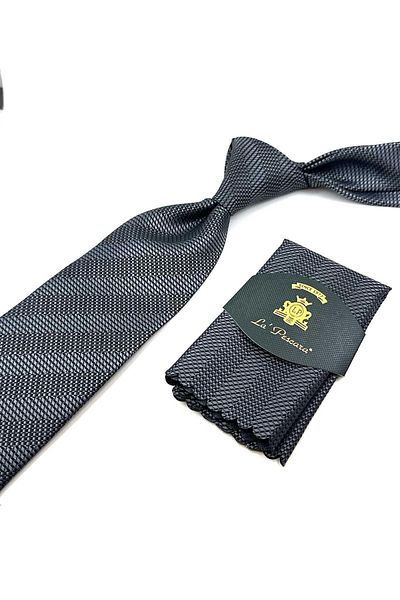 Kravatkolik Classic Necktie with Gray Line Pattern Handkerchief KK12432