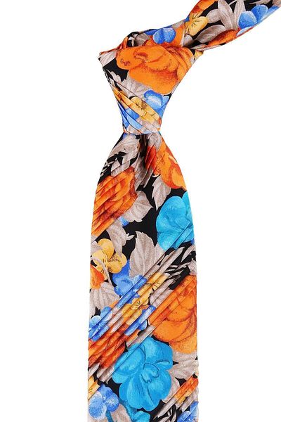 Kravatkolik Multicolored Flower Pattern Pleated Silk Tie Est138