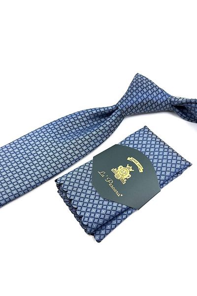 Kravatkolik Gray - Navy Blue Small Pattern Classic Tie with Handkerchief Kk11286
