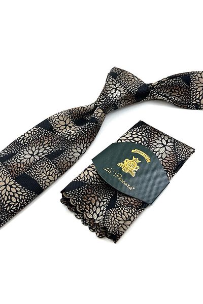 Kravatkolik Black - Brown Motif Pattern Classic Tie with Handkerchief KK12057