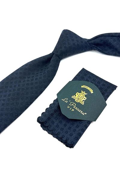Kravatkolik Navy Blue Small Pattern Classic Wool Tie with Handkerchief KK12129