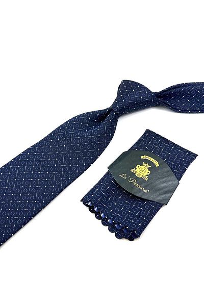 Kravatkolik Navy Blue Small Pattern Classic Tie with Handkerchief KK12359