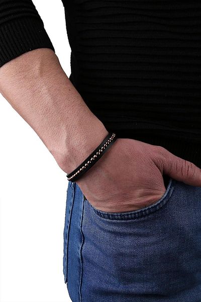 Kravatkolik Men's Black Copper Motif Leather Steel Bracelet Blk1641