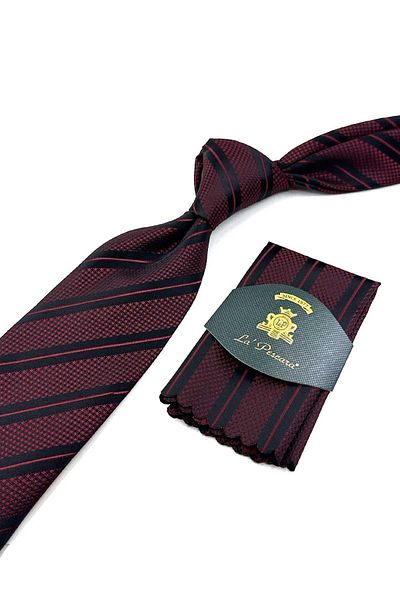 Kravatkolik Claret Red Black Striped Tie with Handkerchief - KK12699