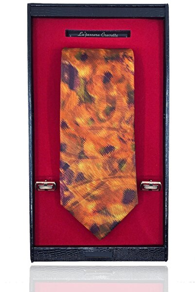 La Pescara Orange Italian Silk Tie Steel Cufflinks Men's Gift Set Sks16