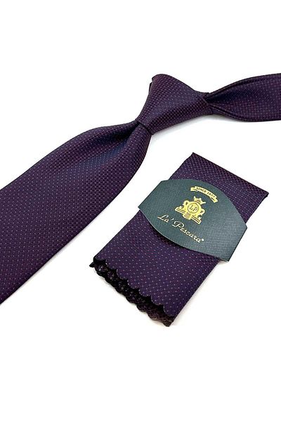 Kravatkolik Claret Red - Navy Blue Dot Pattern Classic Tie with Handkerchief KK12335