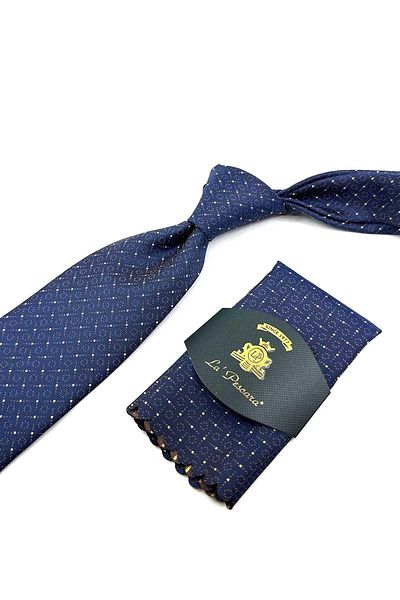 Kravatkolik Navy Blue Small Pattern Classic Tie with Handkerchief KK12364