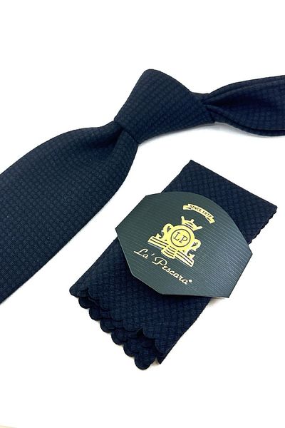 Kravatkolik Navy Blue - Black Square Pattern Classic Wool Tie with Handkerchief KK12101
