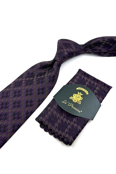 Kravatkolik Classic Necktie with Plum Motif Pattern Handkerchief KK12026