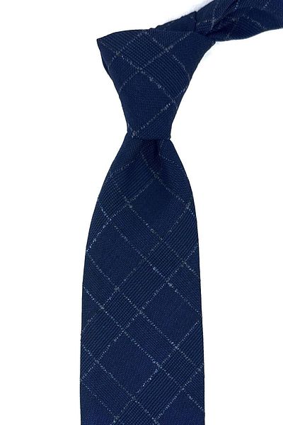Kravatkolik Navy Blue Plaid Pattern Classic Wool Tie with Handkerchief KK12113