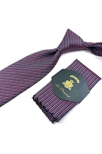 Kravatkolik Claret Red - White Line Pattern Classic Tie with Handkerchief Kk11358