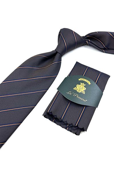 Kravatkolik Patterned Brown Stripe Tie with Handkerchief - KK12528