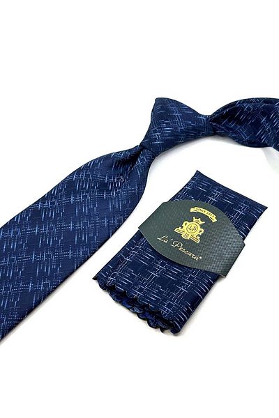 Kravatkolik Navy Blue Motif Pattern Classic Necktie with Handkerchief KK12440