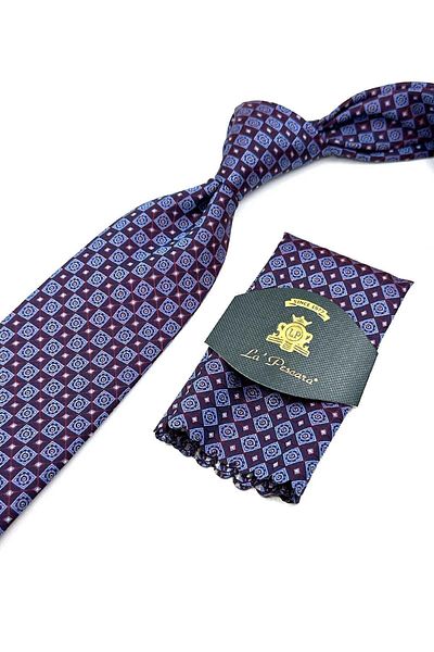 Kravatkolik Blue Motif Patterned Claret Red Tie - With Handkerchief, Classic KK12605