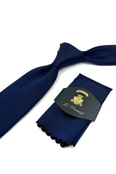 Kravatkolik Navy Blue Motif Pattern Classic Necktie with Handkerchief KK12294