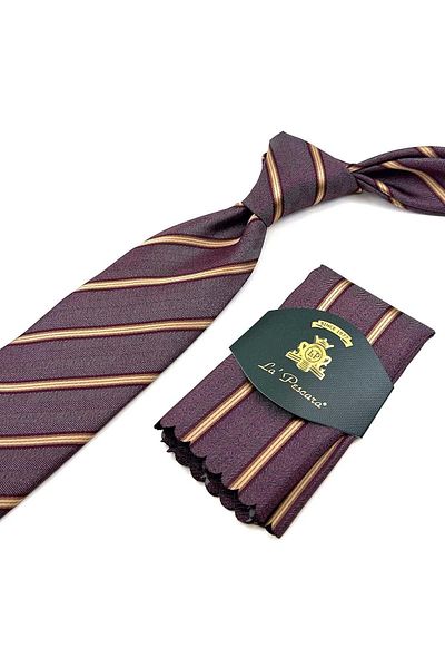 Kravatkolik Red - Gray Line Pattern Classic Tie with Handkerchief KK12356