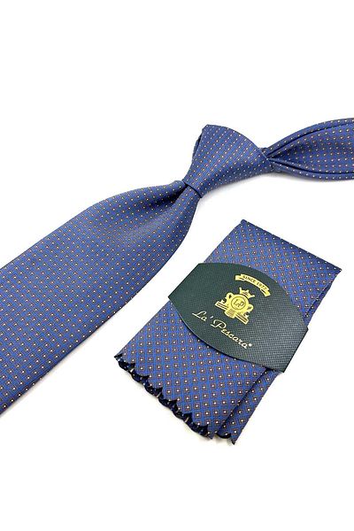Kravatkolik Blue Small Pattern Classic Tie with Handkerchief KK12381