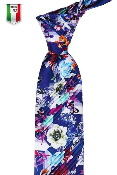 Kravatkolik Blue Flower Pattern Pleated Silk Tie Est118