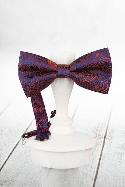 Kravatkolik Navy Blue - Salmon Shawl Pattern Bow Tie P845