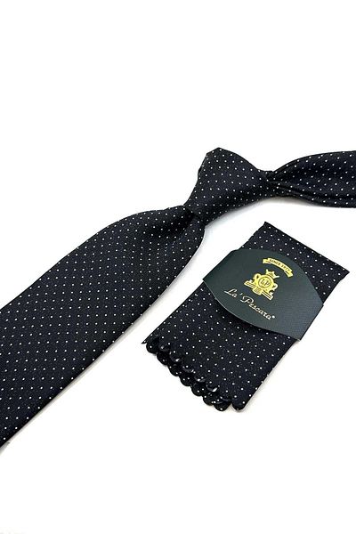 Kravatkolik Classic Tie with Black Dot Pattern Handkerchief KK12479
