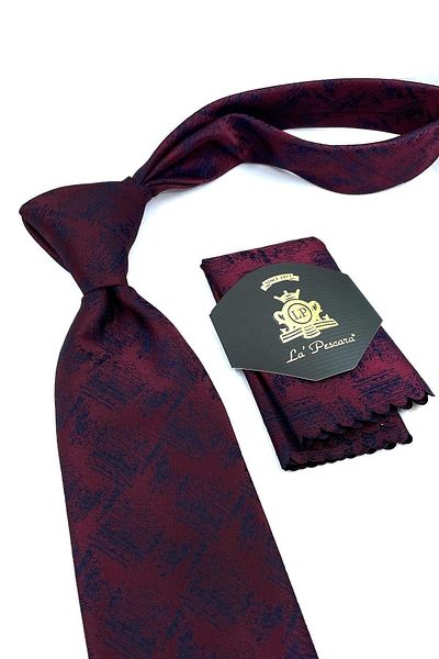 Kravatkolik Claret Red Motif Pattern Classic Tie with Handkerchief