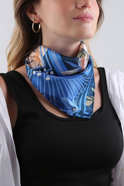 La Pescara Navy Blue Flower Pattern Scarf Bandana 55-55 cm KDNF19