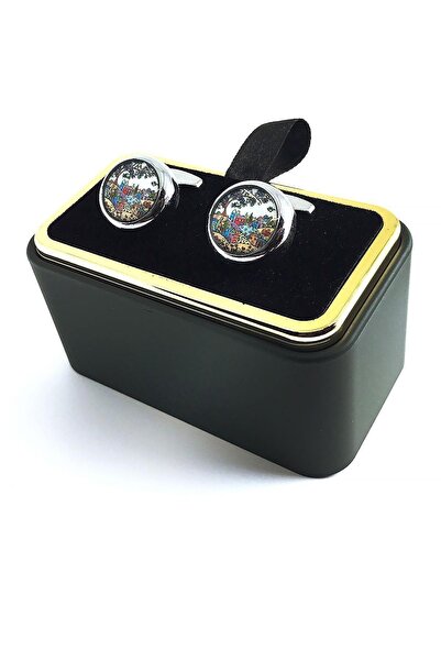 Kravatkolik Gümüş Renk Renkli Manzara Dizayn Yuvarlak Kol Düğmesi Kd1330